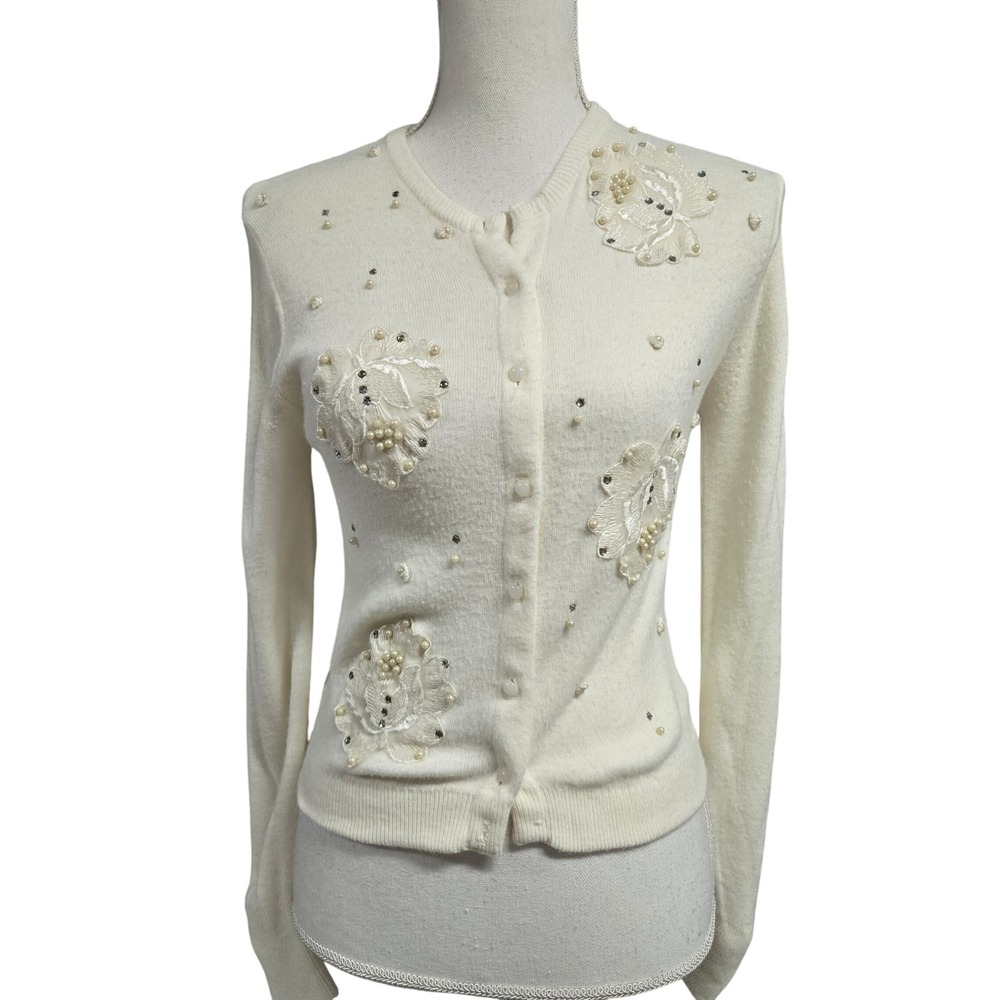 Vintage Jaymar New York Cardigan Pearl Rhinestone Floral Crochet Cream Women's S